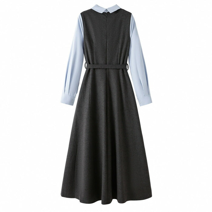 【7日内出荷】ワンピース ロングワンピース 切り替えワンピース Aライン ワンピ ロングワンピ ロング マキシワンピース 襟 無地 きれいめ シンプル マキシ レイヤード風 長袖 大きいサイズ 秋 冬