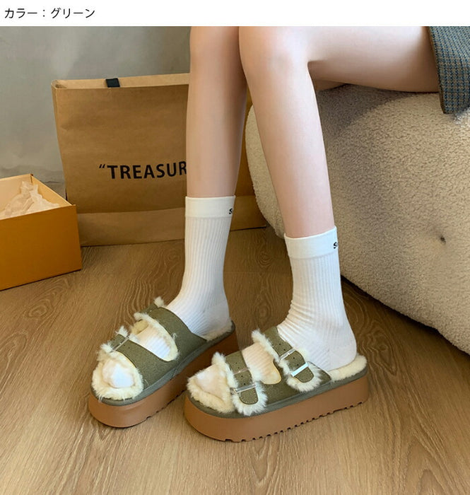 【7日内出荷】【5cmヒール】サンダル 厚底 ファーサンダル レディース もこもこ 5cmヒール 歩きやすい つっかけ ダブルベルト 防寒 暖かい 痛くない 疲れにくい 美脚効果 身長アップ きれいめ 外履き 冬用サンダル 秋冬 おしゃれ ルームシューズ ブラウン グリーン