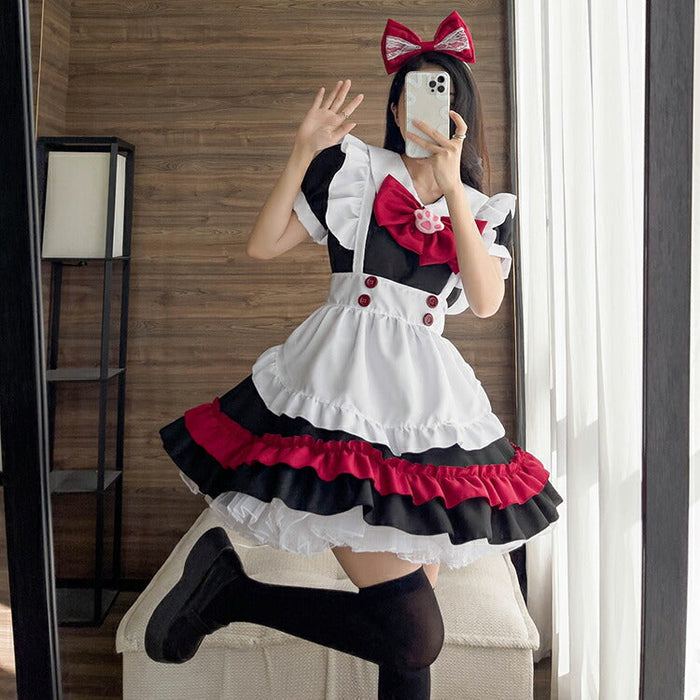 【5点セット】メイド服 赤 メイド 服 送料無料 コスプレ ハロウイーン ネコ クラシック メイドカフェ 制服 ユニフォーム 萌え系 撮影会 本格的 可愛い コスチューム 衣装 仮装 かわいい お茶会アイドル おしゃれ セット ウェイトレス クラシカル アニメ ゴスロリ ロリータ S-5XL