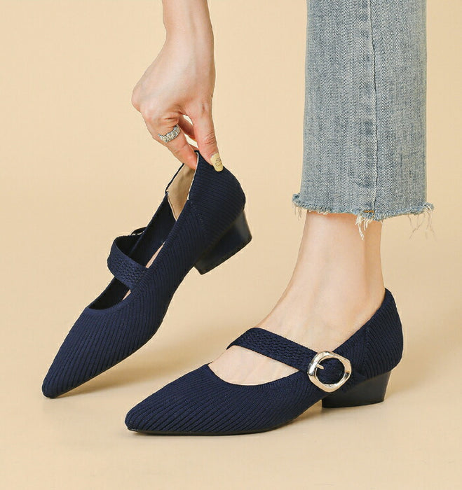 【7日内出荷】【3cmヒール】パンプス レディース 痛くない 歩きやすい ニット メリージェーン ポインテッドトゥ ローヒール 3cm チャンキーヒール 疲れない 柔らかい 脱げない 美脚 靴 軽量 オフィス 通勤 フォーマル 結婚式 母の日 大きいサイズ 黒 春 夏 秋