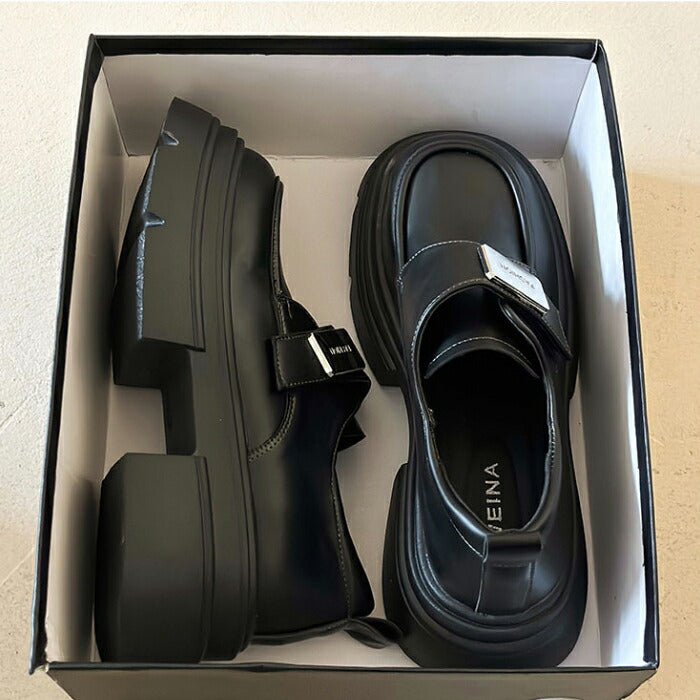 【7日内出荷】【5cmヒール 】厚底ローファー レディース パンプス PU 合皮 ストラップスクール ローファー ベルクロ 面ファスナー メタルプレート Uチップ チャンキーソール ボリュームソール 歩きやすい 身長アップ 美脚 学生 通学 通勤 制服コーデ 黒 茶色