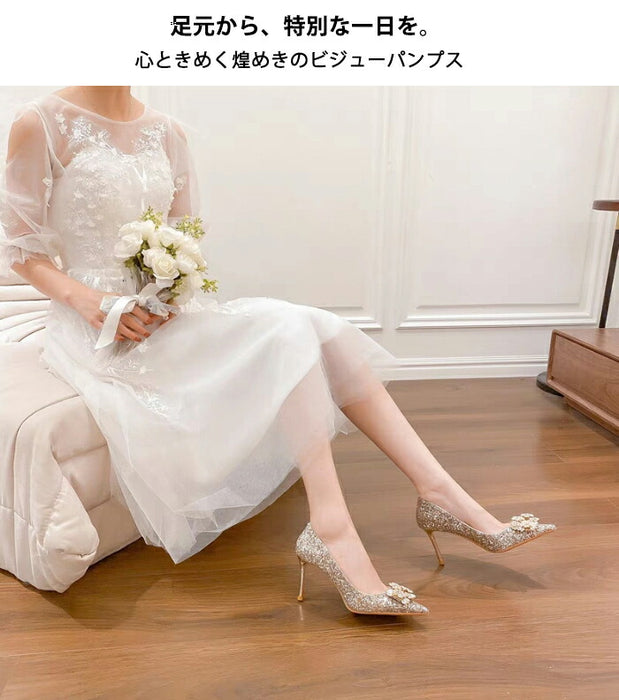 【7日内出荷】【6cm~8cmヒール】ウェディングシューズ パンプス 結婚式 痛くない ハイヒール ピンヒール ビジュー バックル キラキラ グリッター ポインテッドトゥ パーティー 二次会 披露宴 花嫁 ブライダルシューズ お呼ばれ レディース 美脚 脚長 ゴールド