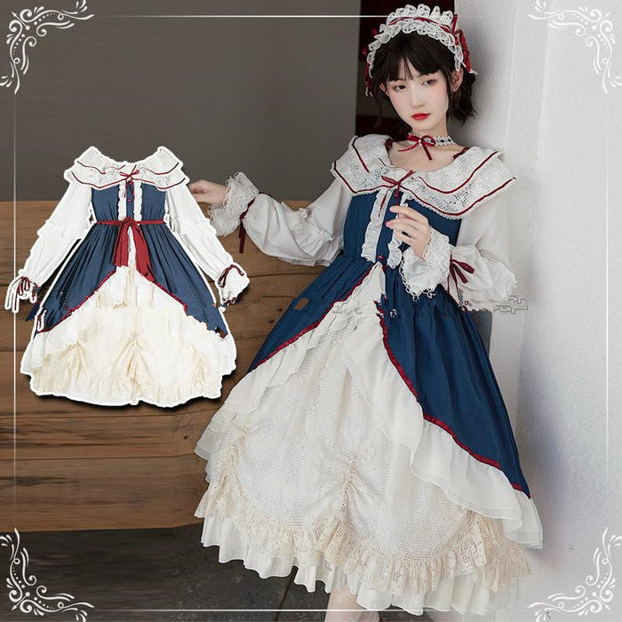 【7日内出荷】 ロリータ 森ガール ワンピース Aライン Lolita 2way オフショルダー 長袖 レース フリル 半袖 萌え萌え 可愛い かわいい プリンセス お姫様 プレゼント ミモレ丈 レディース ロココ コスチューム 仮装 ハロウィン 学園祭 文化祭 ベージュ ネイビー