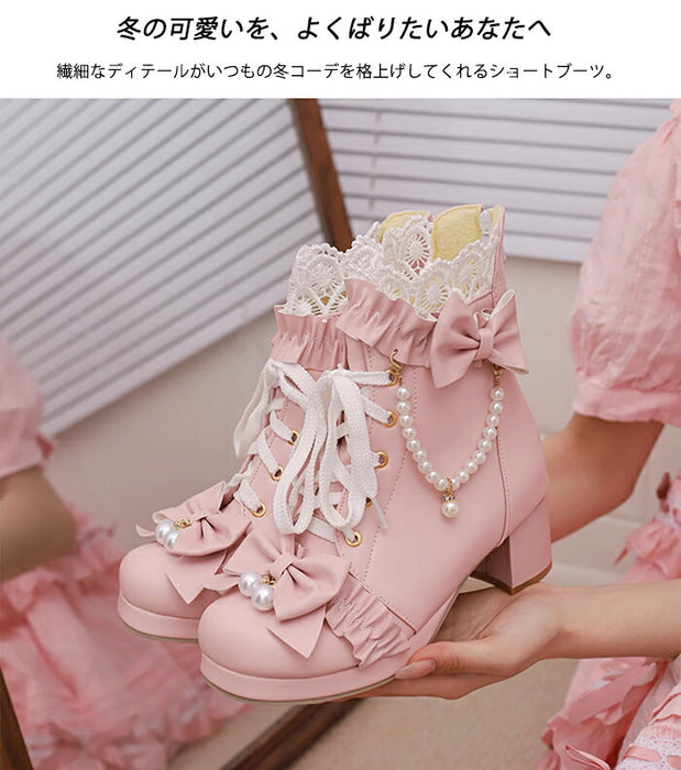 【5cmヒール】ロリータ ブーツ レディース ショートブーツ 甘ロリ お姫様 森ガール ロリィタ靴 レース リボン パール  チャンキーヒール 歩きやすい 疲れない 痛くない サイドジップ おしゃれ かわいい お茶会 コスプレ 発表会 黒 ピンク 白 秋冬
