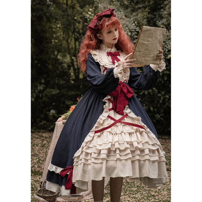 ロリィタ ワンピース スカラップドレス レディース ゴスロリ 長袖ワンピース ダンス衣装 大きいリボン 可愛い イベント ペプラムワンピース 文化祭 姫様 紺色 華ロリ (ネイビー, M)