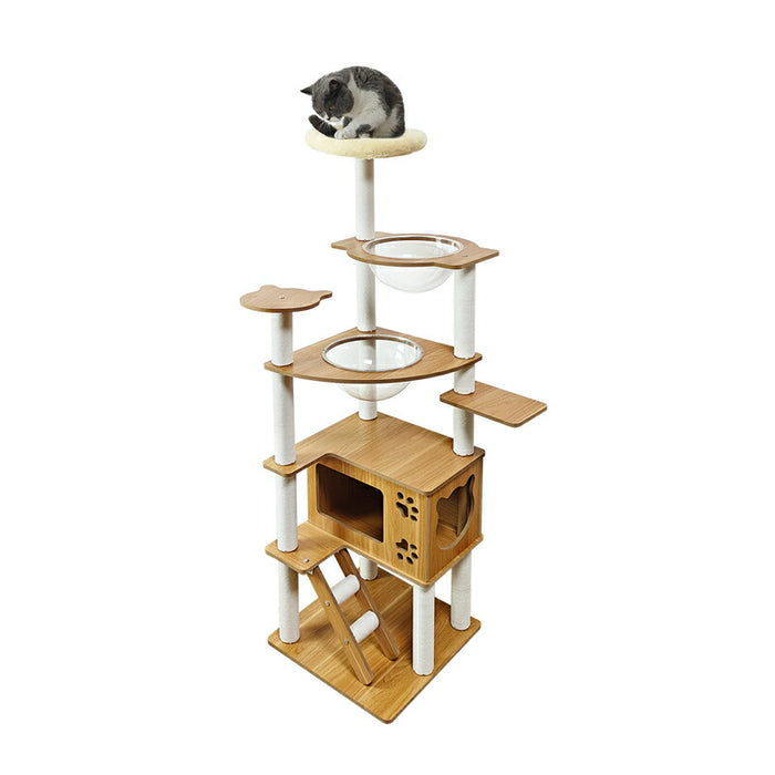 RAKU キャットタワー 木製 大型 据え置き 大型猫 中型猫 シニア猫 高さ約160cm 多頭飼い 宇宙船 見晴台 爪とぎ ホワイトコットン支柱 展望台 猫ハウス コーナー適用 四角型土台 安定 コットン紐 天然麻 運動不足解消