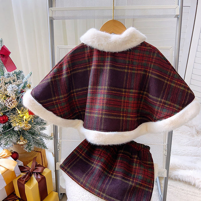 【7日内出荷】【 2点セット】キッズ クリスマス コスチューム サンタ服 マント 女の子 セットアップ ポンチョスカート 仮装 演出服 パーティー プレゼント 子供 チェック柄 ベビー 保育園 厚手 裏起毛 冬 防寒 暖かい  秋冬 新年
