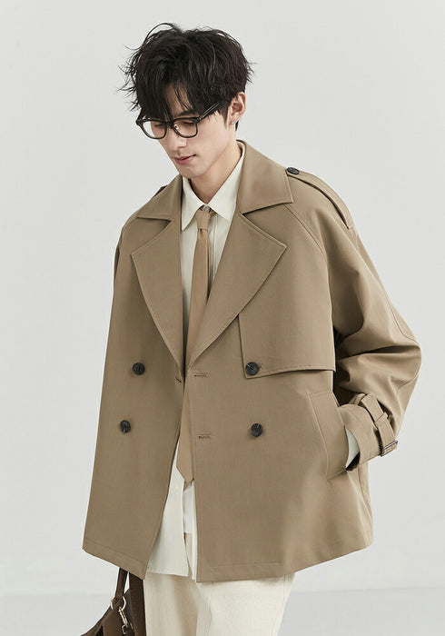 【M-3XL】トレンチコート メンズ ショート丈 ジャケット アウター オーバーサイズ ビッグシルエット ゆったり ダブルブレスト ライトアウター スプリングコート カジュアル 韓国 ファッション おしゃれ 通勤 通学 春 秋 服 黒 ベージュ 大きいサイズ