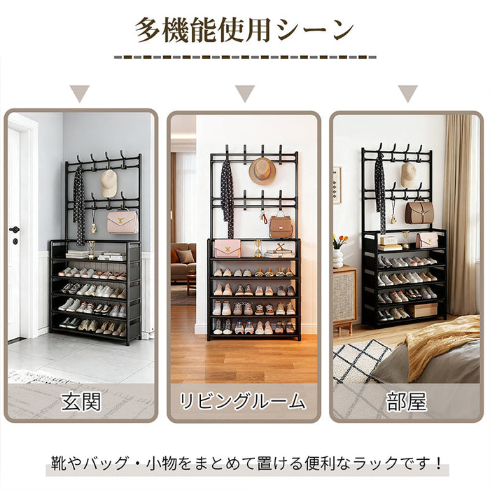 RAKU シューズラック スリム 玄関収納 省スペース 5段 靴棚 収納ラック フック付き 大容量 帽子 服掛け 多機能ハンガーラック おしゃれ ホワイト ブラック 2色