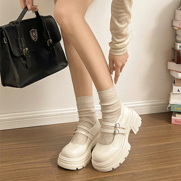 【7日内出荷】【7cmヒール】厚底 メリージェーン レディース 厚底パンプス  ヒールパンプス ダブルストラップ ハートバックル エナメル チャンキーソール ボリュームソール 歩きやすい 疲れにくい 韓国 かわいい 学生 通学 ライブ 黒 オフホワイト 秋冬