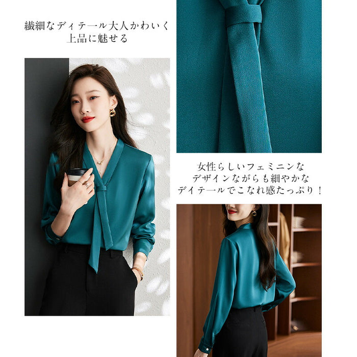 【7日内出荷】ブラウス レディース オフィス ボウタイ スカーフタイ リボンタイ Vネック スーツ カットソー きれいめ 長袖 シフォン 白ブラウス 白シャツ インナー トップス オフィスカジュアル シワになりにくい イージーケア 春 夏