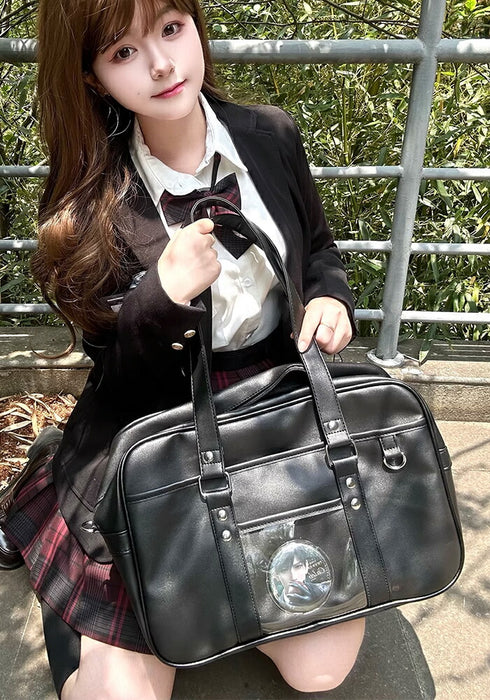 【7日内出荷】痛バッグ スクールバッグ JK ショルダー 大容量 合皮 PU 中学生 高校生 女子高生 バッグ トートバッグ 防水 底鋲付き レディース 防水  肩掛け 斜め掛け 手提げ 通学カバン クリア 見せバッグ 推し活 制服 JK鞄 可愛い おしゃれ 黒 茶