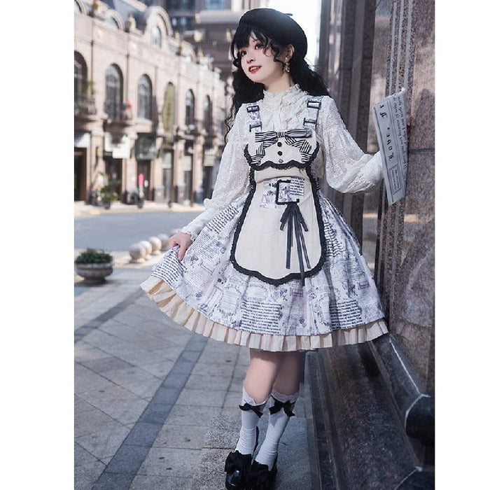【7日内出荷】ジャンパースカート 女の子 レディース ワンピース ロリータ風 リボン付き doll感 落書き おしゃれ 蝶結び メイド服 レース 森ガール お姫様 地雷系 フリル イベント ハロウィン レトロ クラッシック系 可愛い パーティー lolita