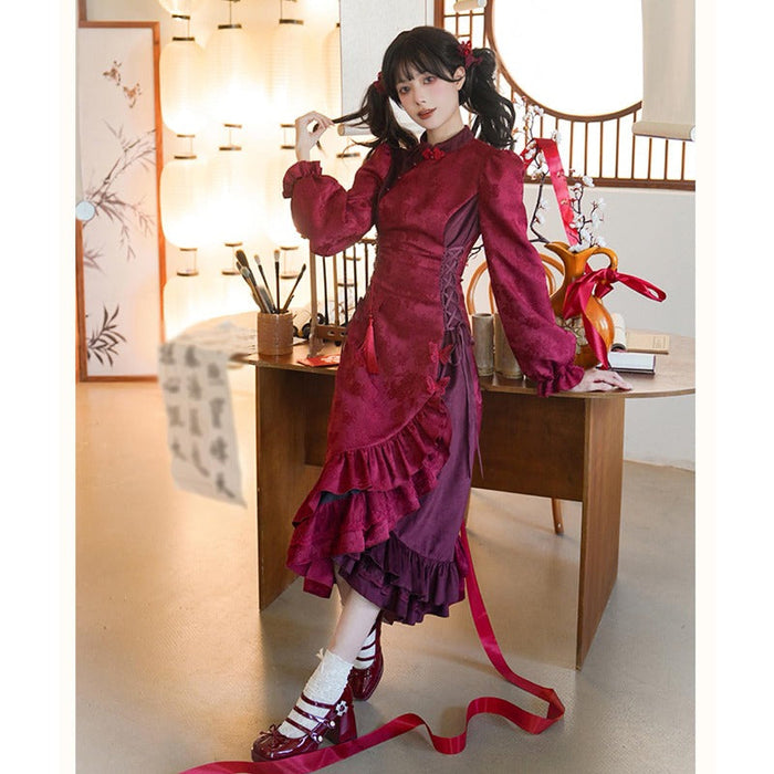 チャイナドレス 中華風 ロリータワンピース お嬢様 コスプレ衣装 長袖 赤 ジャガード パフ袖 パールチェーン タッセル フリル リボン 姫ドレス ハロウィン 仮装 森ガール ゆめかわいい パーティー お祭り
