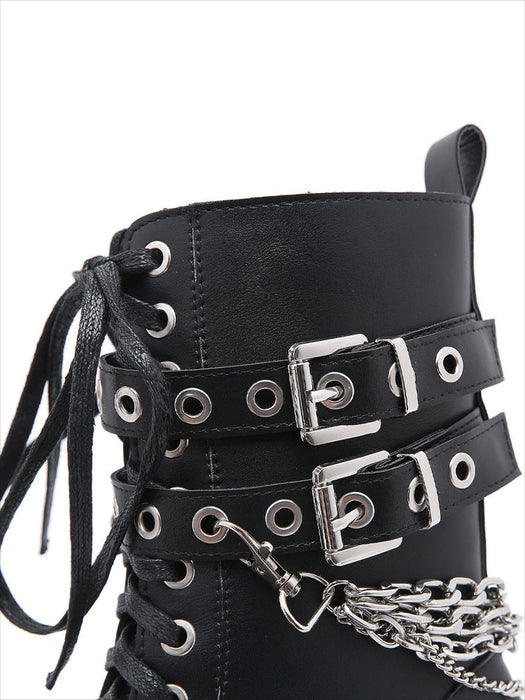 【7日内出荷】ショートブーツ レディース 厚底 レースアップブーツ チェーン付き ダンスシューズ ヒール8.5cm 秋ブーツ パンク風 カジュアル 靴 日常 通勤 おしゃれ 痛くない 履きやすい 柔らかい ゆったり ラウンドトゥ きれいめ 人気 クール 春夏秋冬 韓国 仕事 合皮 原宿系 細見え 黒