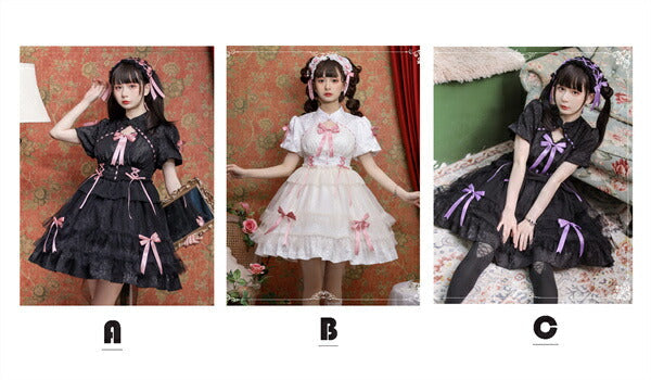 【7日内出荷】ロリータワンピース ホワイト 白 レディース lolita リボン ロリータ 袖付き 膝丈 小柄 可愛い 着瘦せ 仮装 コスプレ コスチューム 小柄 可愛い 学生 女の子 ゴスロリ  仮装 パーティ イベント ロリィタファッション フリル