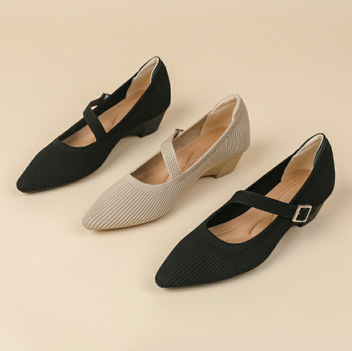 【7日内出荷】【3.5cmヒール】パンプス ニット メリージェーン レディース ストラップ ウェッジソール ローヒール 3.5cm スクエアトゥ 痛くない 歩きやすい 疲れない 柔らかい 脱げない 安定感 軽量 オフィス 通勤 フォーマル ママコーデ 小さいサイズ 春夏秋