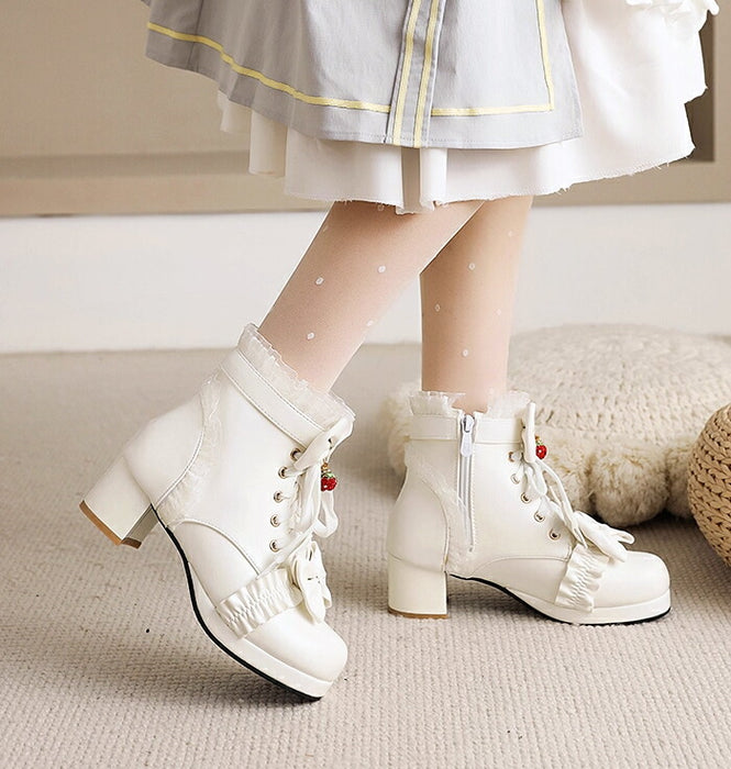 【5cmヒール】ロリータ ブーツ 厚底ブーツ レディース キッズ 子供 靴 ショート丈 編み上げブーツ お姫様 お嬢様 ロリィタ いちご リボン レース  太ヒール 歩きやすい 痛くない サイドジップ かわいい 七五三 コスプレ お茶会 発表会 黒 白 秋冬