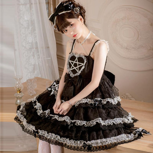 【7日内出荷】ロリータキャミワンピース ロリータドレス lolita キャミワンピース 袖なし 甘ロリ jsk デザインスカート リボン フリル 原宿 ガーリー 可愛い 春 夏