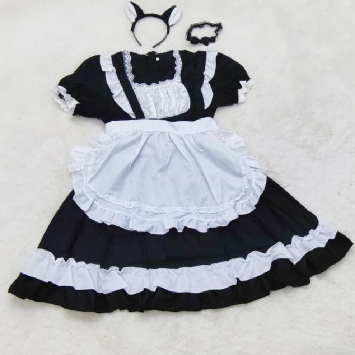 【7日内出荷】4点セット メイド服 ミニ丈 メイド喫茶 メイドコスチューム ジャパニーズメイド lolitaメイド服 セット ミニスカ ハロウィン  衣装 仮装 パーティ コスプレ ウェイトレス