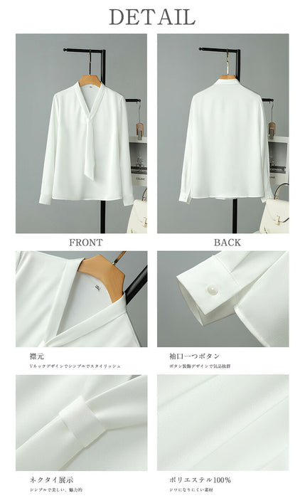 【7日内出荷】ブラウス レディース オフィス ボウタイ スカーフタイ リボンタイ Vネック スーツ カットソー きれいめ 長袖 シフォン 白ブラウス 白シャツ インナー トップス オフィスカジュアル シワになりにくい イージーケア 春 夏