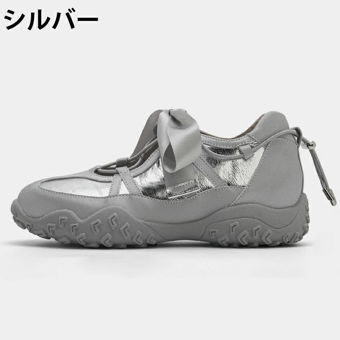 【7日内出荷】【7cmヒール】厚底スニーカー レディース メリージェーン スニーカー バレエ風 リボン ストラップ カットアウト プラットフォーム  ダッドスニーカー 軽量 歩きやすい 疲れない ライブ フェス イベント 黒 白 シルバー オールシーズン 10代 20代