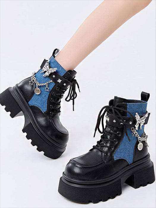 【7日内出荷】ショートブーツ 厚底 レースアップブーツ レディース 太ヒール パンク風 チェーン付き 編み上げ おしゃれ 秋ブーツ ラウンドトゥ 靴 痛くない 履きやすい ゆったり サイドジップ シンプル 美脚 人気 春夏秋冬 韓国 通勤 合皮 原宿系 細見え 黒 青 ハロウィン ロック ゴスロリ