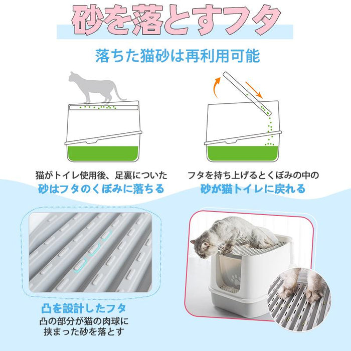 RAKU 猫トイレ ネコトイレ ダブル脱臭 砂の飛び散り防止 2WAY出入り方法 掃除しやすい スコップ付 大容量 優れた耐久性 猫用トイレ 上から猫トイレ