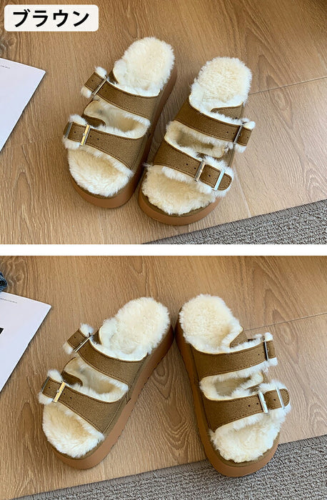 【7日内出荷】【5cmヒール】サンダル 厚底 ファーサンダル レディース もこもこ 5cmヒール 歩きやすい つっかけ ダブルベルト 防寒 暖かい 痛くない 疲れにくい 美脚効果 身長アップ きれいめ 外履き 冬用サンダル 秋冬 おしゃれ ルームシューズ ブラウン グリーン