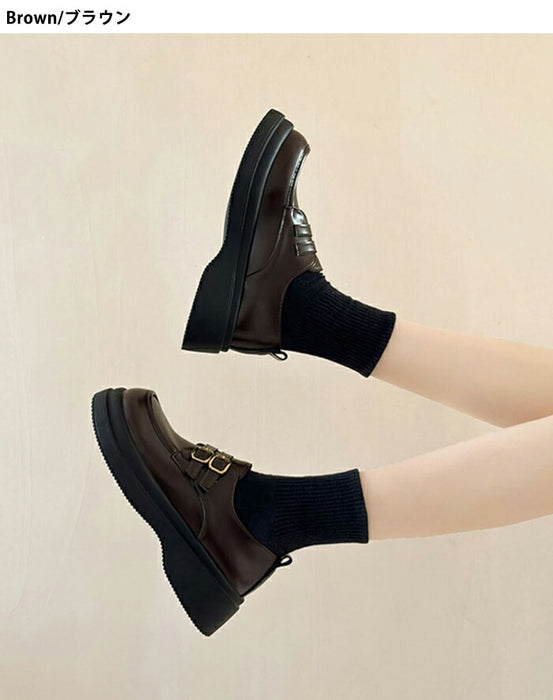 【7日内出荷】【5cmヒール】厚底ローファー レディース 黒 ブラック 革靴 レザー 合皮 バックル バックル 金具 Uチップ パンプス チャンキーソール ボリュームソール 歩きやすい 疲れにくい 美脚 脚長 おしゃれ OL 学生 通勤 通学 黒 茶色 秋冬 22.5 25.0