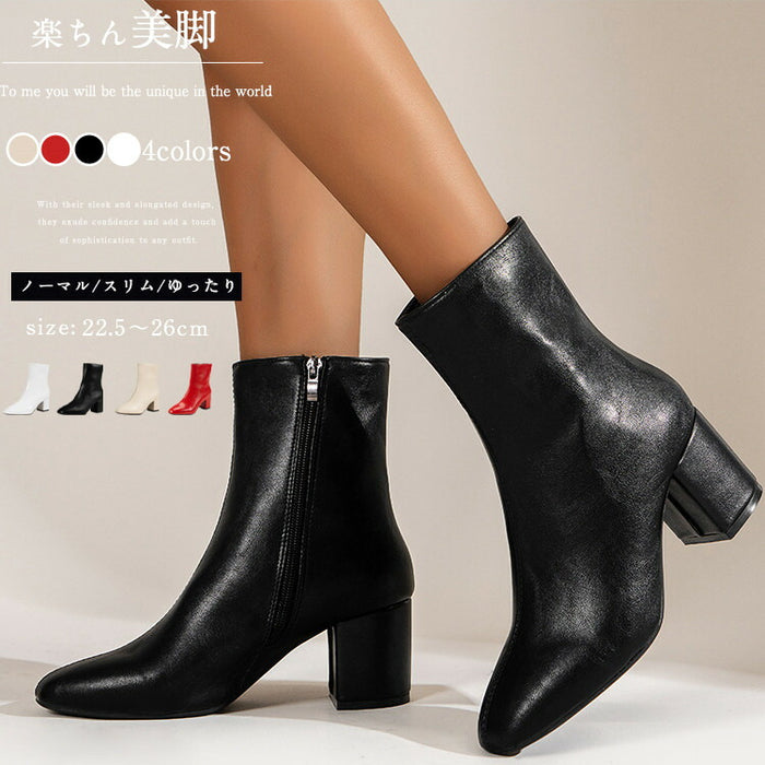 【7日内出荷】【6.5cmヒール 】 ショートブーツ レディース サイドゴム 太ヒール ブーツ レディースブーツ PU レザーシューズ ハイヒール 6.5cm チャンキーヒール 安定感 美脚 靴 シューズ 通学 通勤 ビジネス OL 歩きやすい おしゃれ 人気 大きいサイズ 22.5cm～26cm 春 秋 冬