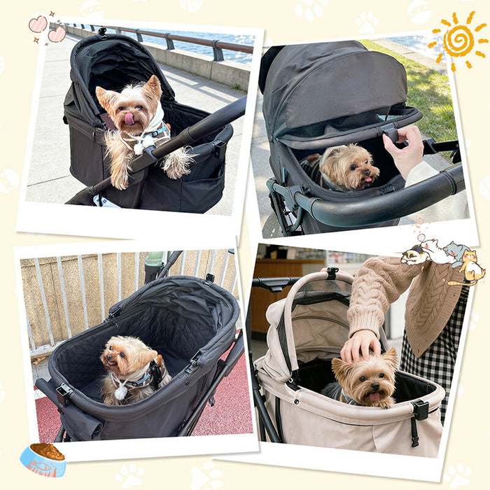 RAKU ペットカート 犬/猫用 小型犬/中型犬 多頭飼い対応 耐荷重約30kg 飛び出し防止リード2本 片手ワンタッチ開閉 キャリーバー付き 折りたたみ式 自立式 前後開閉 取り外し可能カバー 軽量 ポケット付き お手入れ簡単 ブラック/カーキ