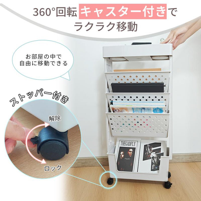 RAKU マガジンラック 本棚 書類収納 5段 収納ワゴン キャスター付き 大容量 サイドワゴン デスクワゴン 資料整理 スリム 省スペース 漫画 雑誌 収納 書類棚