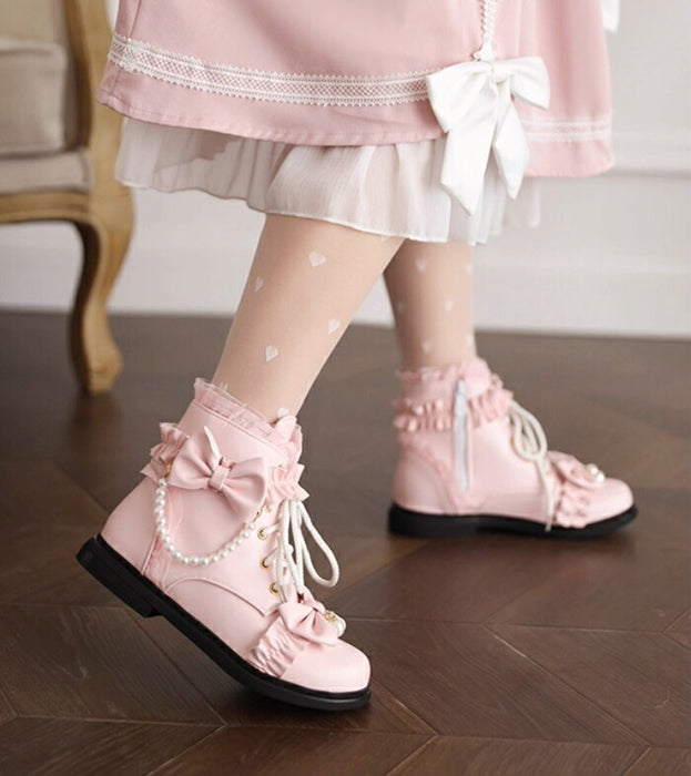 【2cmヒール】ロリータ ブーツ レディース ショートブーツ 編み上げブーツ ローヒール 甘ロリ お姫様 森ガール ロリィタ靴 レース リボン パール 歩きやすい 疲れない サイドジップ おしゃれ かわいい お茶会 コスプレ 発表会 黒 ピンク 白 秋冬