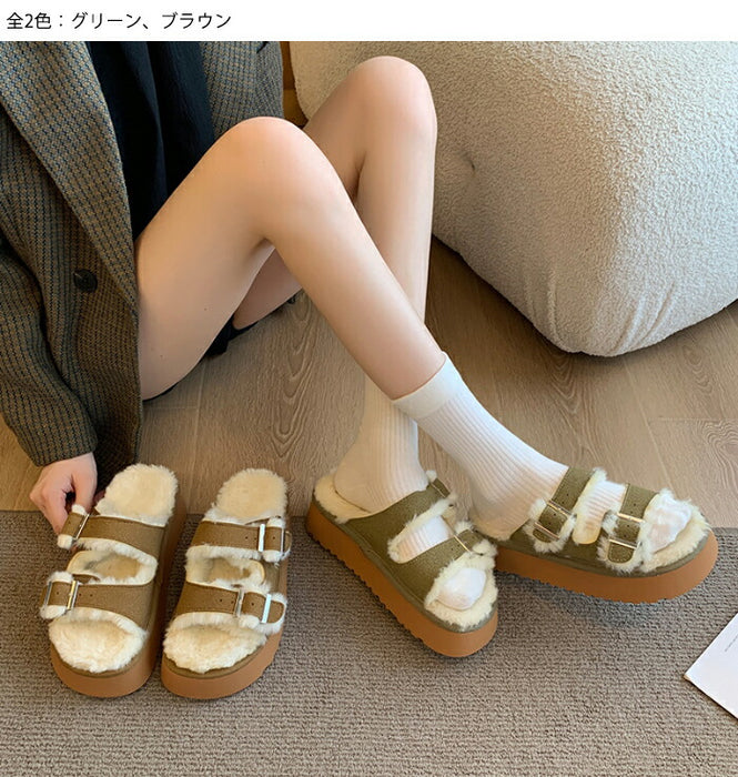 【7日内出荷】【5cmヒール】サンダル 厚底 ファーサンダル レディース もこもこ 5cmヒール 歩きやすい つっかけ ダブルベルト 防寒 暖かい 痛くない 疲れにくい 美脚効果 身長アップ きれいめ 外履き 冬用サンダル 秋冬 おしゃれ ルームシューズ ブラウン グリーン