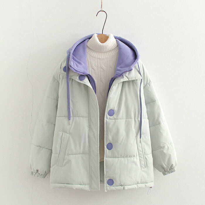 【7日内出荷】中綿ジャケット レディース レイヤード風 アウター 中綿コート 秋冬 ジャケット ダウンジャケット ブルゾン パーカー フード付き バイカラー 韓国 きれいめ カジュアル 大人可愛い ゆったり 体型カバー 高見え おしゃれ 暖かい 防寒 軽量
