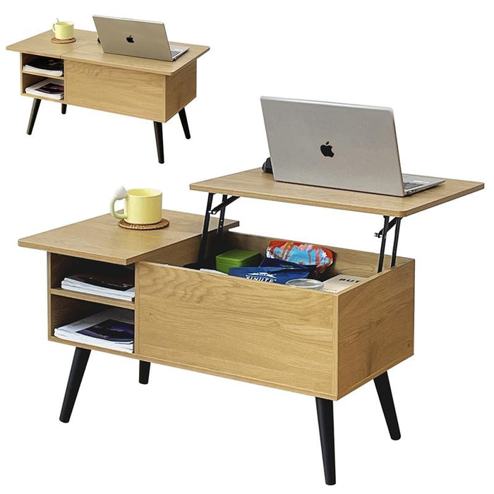 RAKU リフトアップテーブル ローテーブル センターテーブル 昇降式 ガス圧 リフト 幅90cm 収納付き 棚付き 木製 1台2役 テーブル 家具 リビング テレワーク