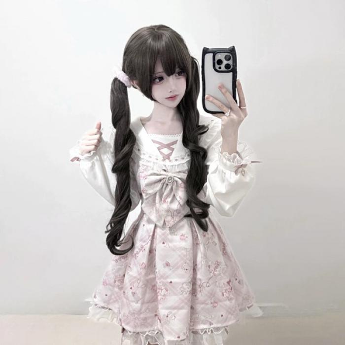 【7日内出荷】【S-2L】セーラーカラー 量産型 ワンピース クマ柄 長袖 レディース レース リボン ショート丈 ミニ 蝶結び ギャル ドレス ハイウエスト Aライン アニマル柄 かわいい 可愛い 病みかわいい ロリータ 学生 お姫様 プリンセス お出かけ 通勤 春 秋 ピンク ホワイト S M L XL