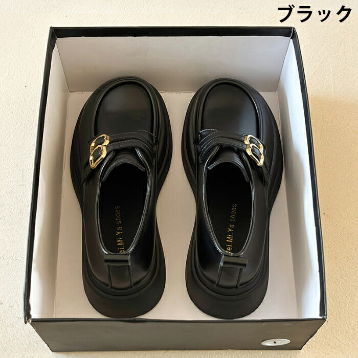 【7日内出荷】【5cmヒール】厚底ローファー レディース 黒 ブラック 革靴 レザー 合皮 バックル バックル 金具 Uチップ パンプス チャンキーソール ボリュームソール 歩きやすい 疲れにくい 美脚 脚長 おしゃれ OL 学生 通勤 通学 黒 茶色 秋冬 22.5 25.0