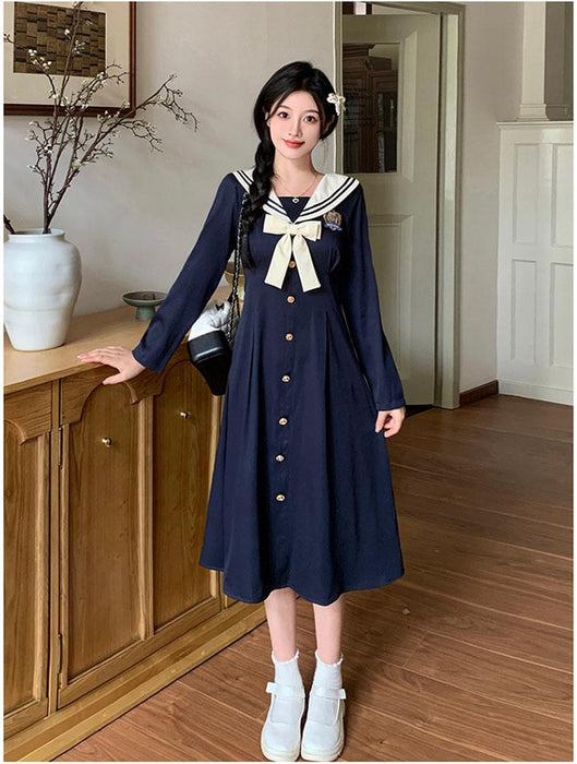 【7日内出荷】【L-4XL】長袖 ワンピース 制服 JK服 女子高生 スクールウェア 学園祭 文化祭 ラージサイズ  Aライン レディース 春 秋制服 学院風 ロリータ 可愛い ネイビー コスプレ ハロウィン