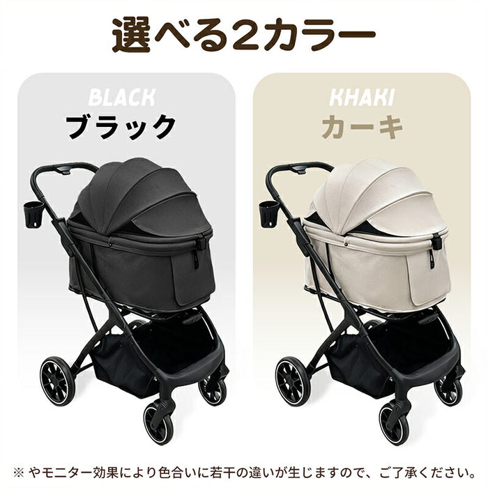 RAKU ペットカート 犬/猫用 小型犬/中型犬 多頭飼い対応 耐荷重約30kg 飛び出し防止リード2本 片手ワンタッチ開閉 キャリーバー付き 折りたたみ式 自立式 前後開閉 取り外し可能カバー 軽量 ポケット付き お手入れ簡単 ブラック/カーキ