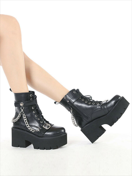 【7日内出荷】厚底 パンク風 ショートブーツ レディース ブーツ 太ヒール レースアップブーツ ヒール7.5cm 靴 編み上げブーツ カジュアル 日常 通勤 おしゃれ 痛くない 履きやすい 柔らかい ゆったり ダンスシューズ ラウンドトゥ きれいめ 人気 クール 大人 韓国 仕事 PU 合皮 細見え 黒
