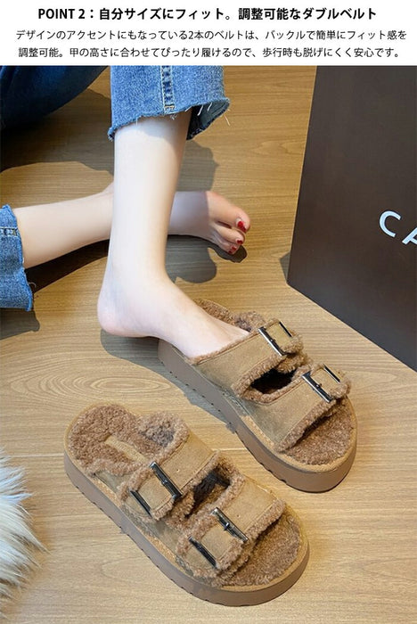 【7日内出荷】【 5cmヒール】厚底ボアサンダル レディース ファーサンダル ボア もこもこ 5cmヒール 歩きやすい つっかけ 暖かい 冬用サンダル 防寒 痛くない ダブルベルト 秋冬ルームシューズ 外履き 室内履き オフィス 20代 30代 シューズ 靴 ブラウン グレージュ
