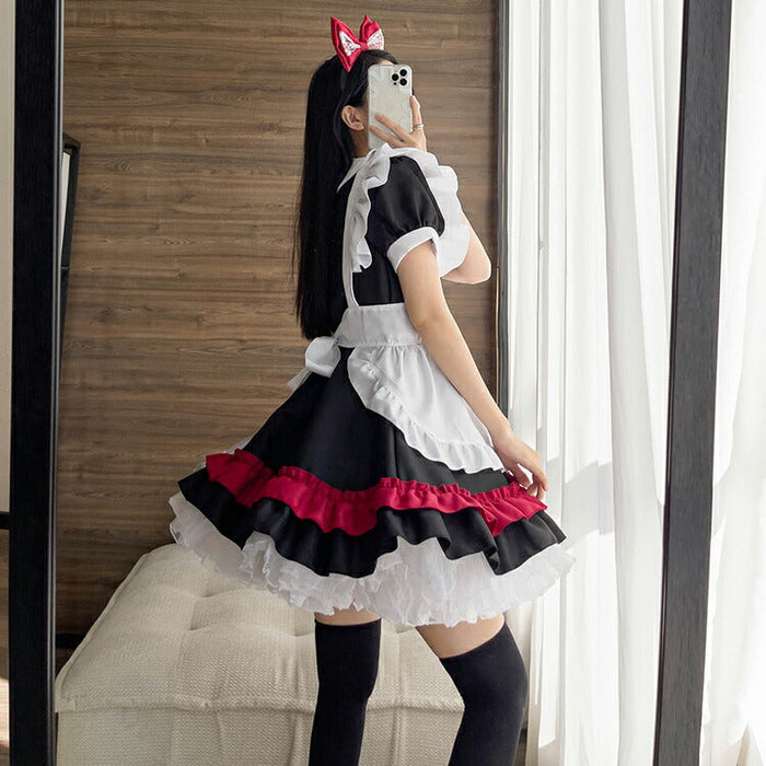 【5点セット】メイド服 赤 メイド 服 送料無料 コスプレ ハロウイーン ネコ クラシック メイドカフェ 制服 ユニフォーム 萌え系 撮影会 本格的 可愛い コスチューム 衣装 仮装 かわいい お茶会アイドル おしゃれ セット ウェイトレス クラシカル アニメ ゴスロリ ロリータ S-5XL