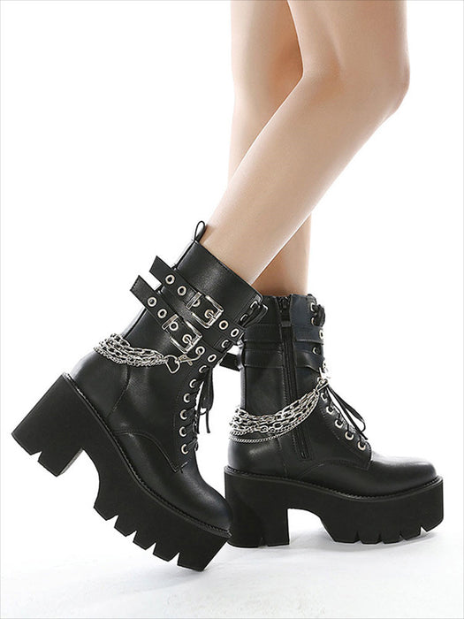 【7日内出荷】ショートブーツ レディース 厚底 レースアップブーツ チェーン付き ダンスシューズ ヒール8.5cm 秋ブーツ パンク風 カジュアル 靴 日常 通勤 おしゃれ 痛くない 履きやすい 柔らかい ゆったり ラウンドトゥ きれいめ 人気 クール 春夏秋冬 韓国 仕事 合皮 原宿系 細見え 黒