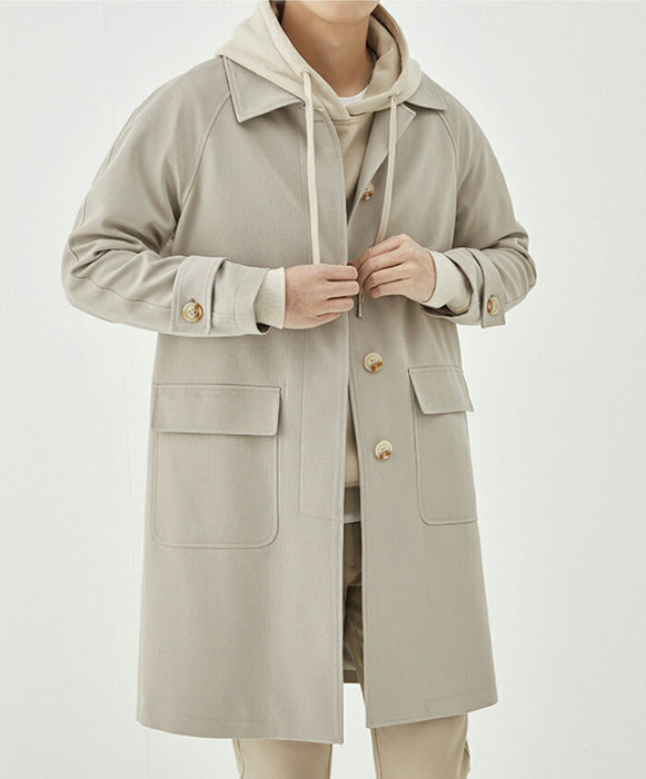 【M-2XL】ステンカラーコート メンズ ビジネス コート スプリングコート オーバーサイズ ビッグシルエット 薄手 ゆったり ロングコート アウター 仕事 カジュアル 通勤 通学 きれいめ シンプル 無地 韓国 ファッション 春服 秋服 黒 グレージュ