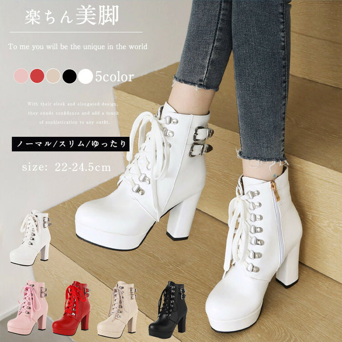 【7日内出荷】【9.5cmヒール】 ショートブーツ レディース サイドゴム レースアップ 高校生 中学生 ブーツ PU レザーシューズ コスプレ cosplay 太ヒール ハイスムース3cm 安定感 厚底 靴 ラウンドトゥ 学生 通学 美脚 大きいサイズ がルーズ グループ 人気