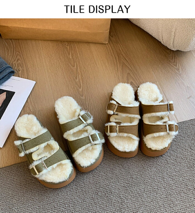 【7日内出荷】【5cmヒール】サンダル 厚底 ファーサンダル レディース もこもこ 5cmヒール 歩きやすい つっかけ ダブルベルト 防寒 暖かい 痛くない 疲れにくい 美脚効果 身長アップ きれいめ 外履き 冬用サンダル 秋冬 おしゃれ ルームシューズ ブラウン グリーン