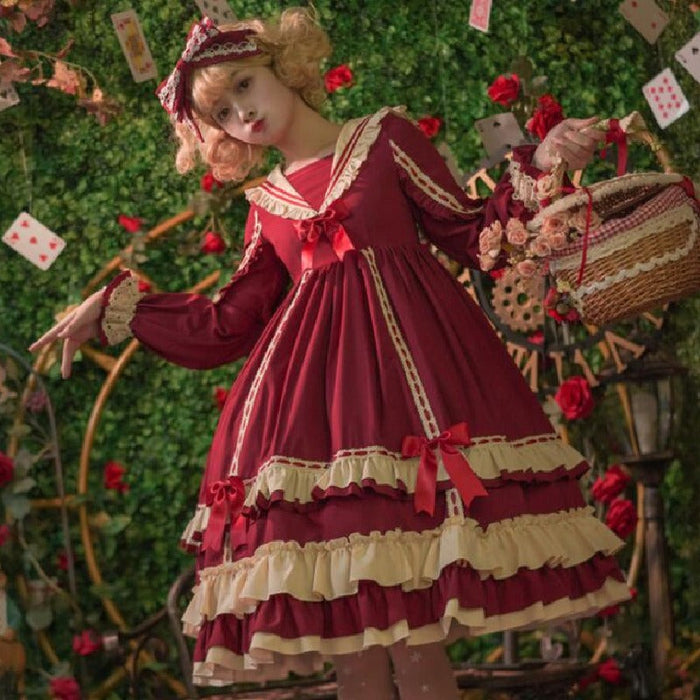 【7日内出荷】ロリータ ドレス ゴスロリ＆ロリータ服 長袖 ワンピース 膝丈 ミモレ丈 ロング ロリィタ服 マリン風 お姫様 ドレス 裾フリル レース リボン 可愛い ハイウエスト 学園祭 イベント コスプレ衣装 コスチュームレディース 大人 春秋冬 S M L XLワインレッド ネイビー