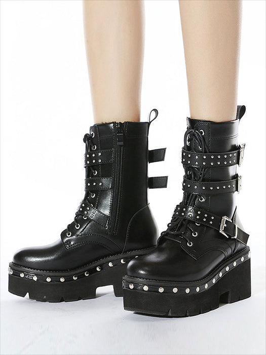 【7日内出荷】ショートブーツ パンク風 厚底 レースアップブーツ レディース ヒール8cm ブーツ スタッズ ダンスシューズ カジュアル 靴 編み上げブーツ 日常 通勤 おしゃれ 痛くない 履きやすい 柔らかい ゆったり きれいめ 人気 クール 美脚 春夏秋冬 韓国 仕事 PU 合皮 原宿系 細見え 黒
